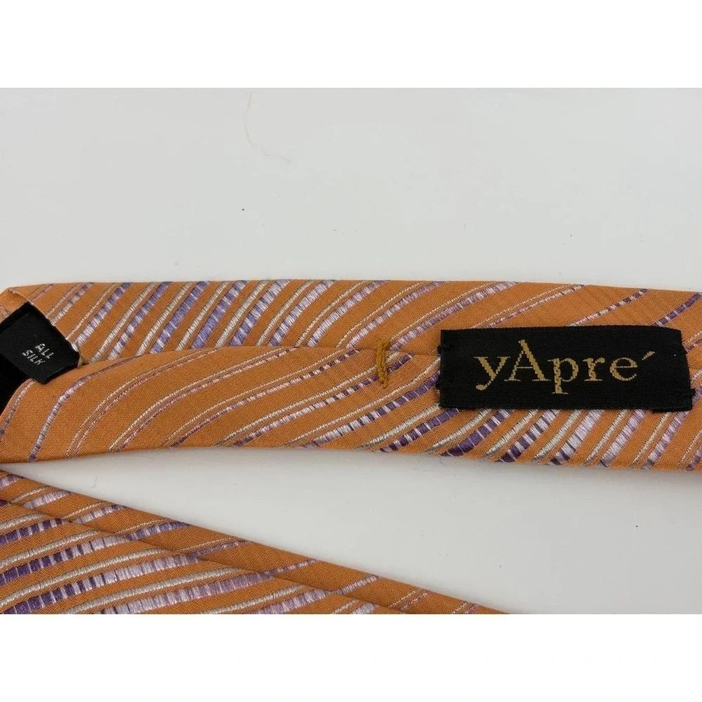 yApre Tie, 100% Silk, Diagonal Wave Stripes, Orange & Lavender